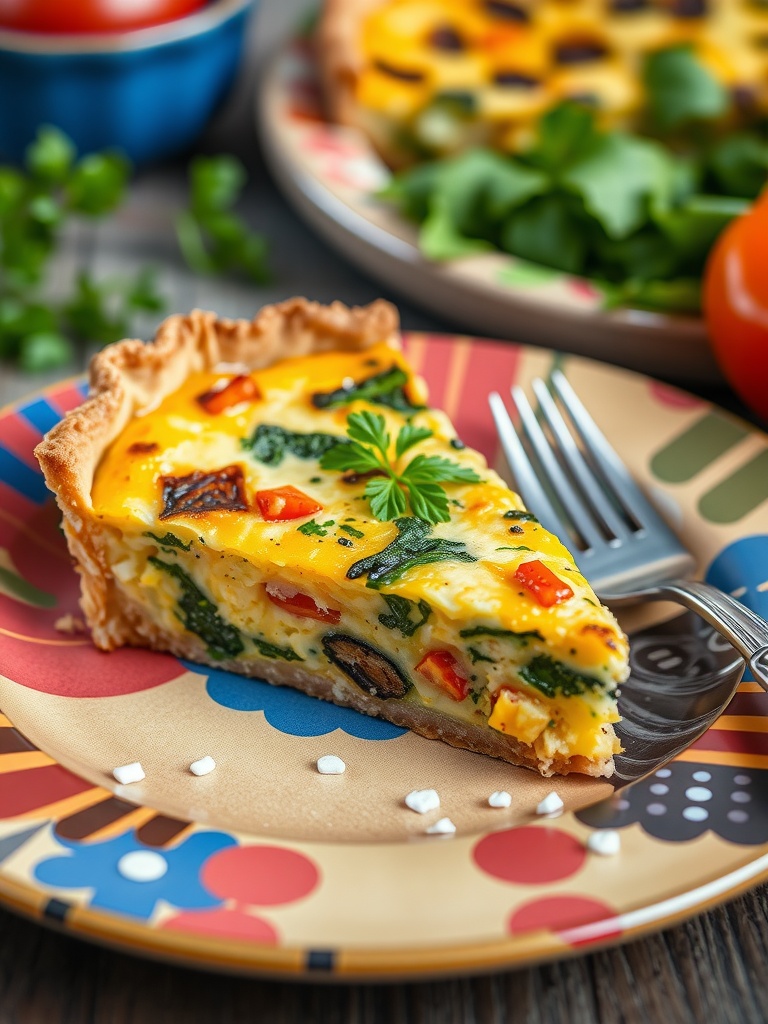 A slice of colorful savory keto quiche on a decorative plate.