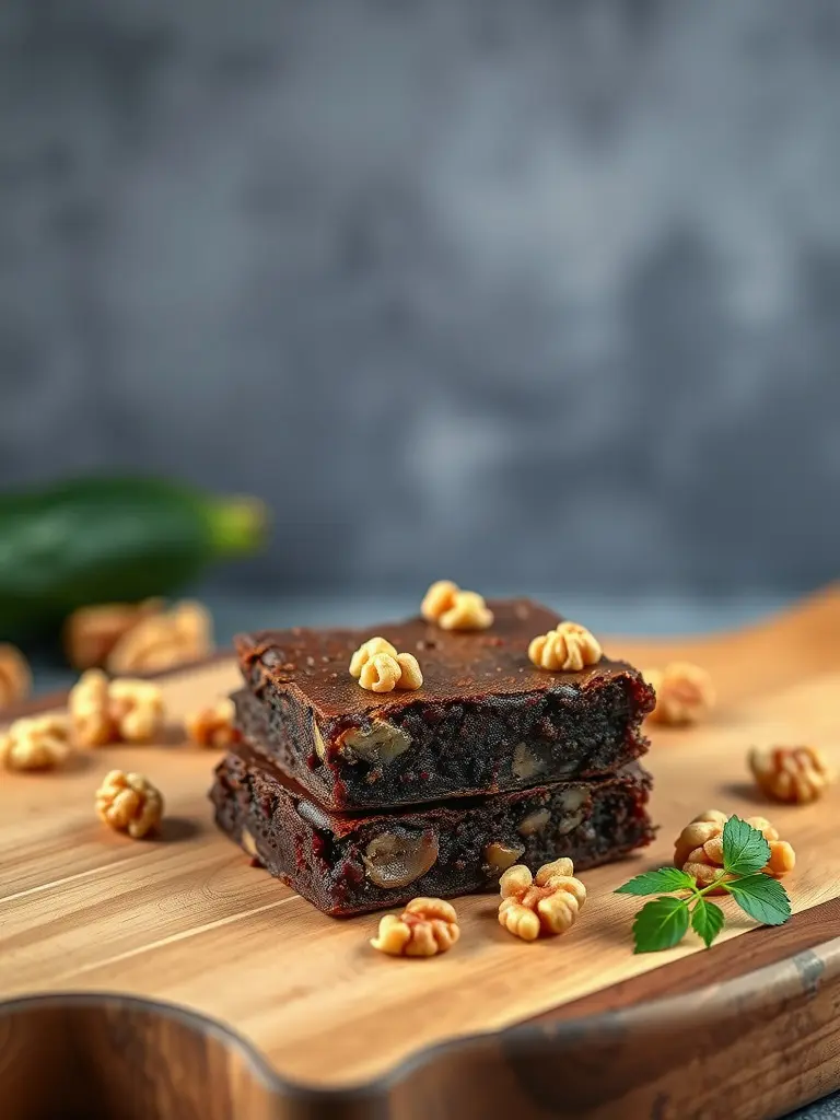 Delicious zucchini brownies topped with walnuts, showcasing a rich chocolatey texture.