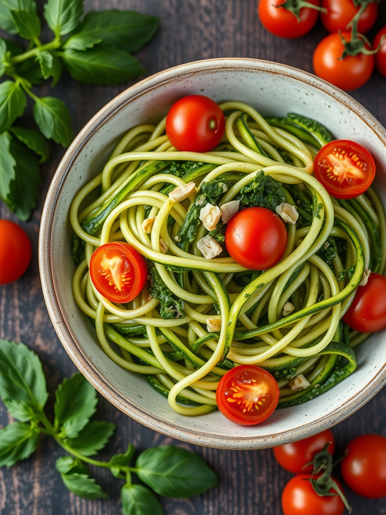 A bowl of zucchini noodles with pesto garnished with cherry tomatoes and basil