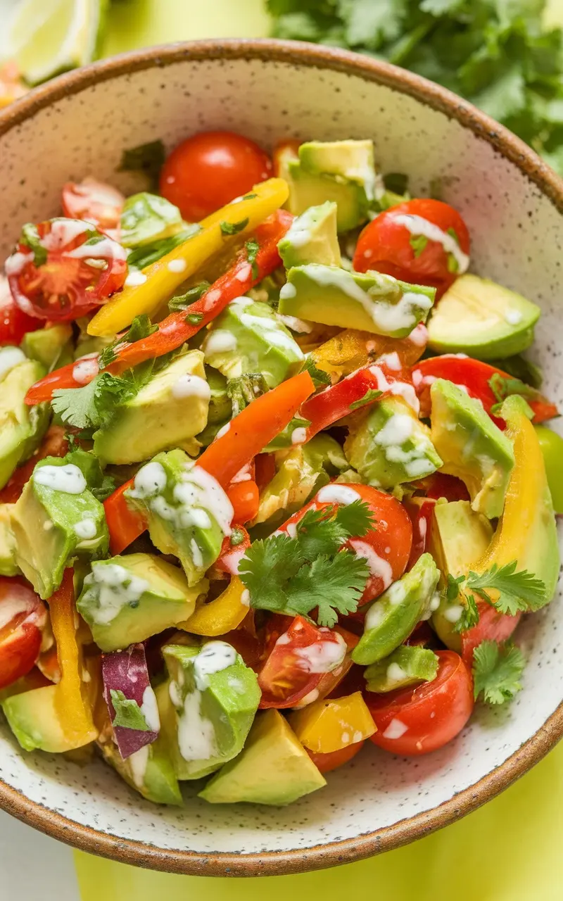 A colorful avocado salad with lime dressing, featuring diced avocados, bell peppers, and cherry tomatoes, garnished with cilantro.