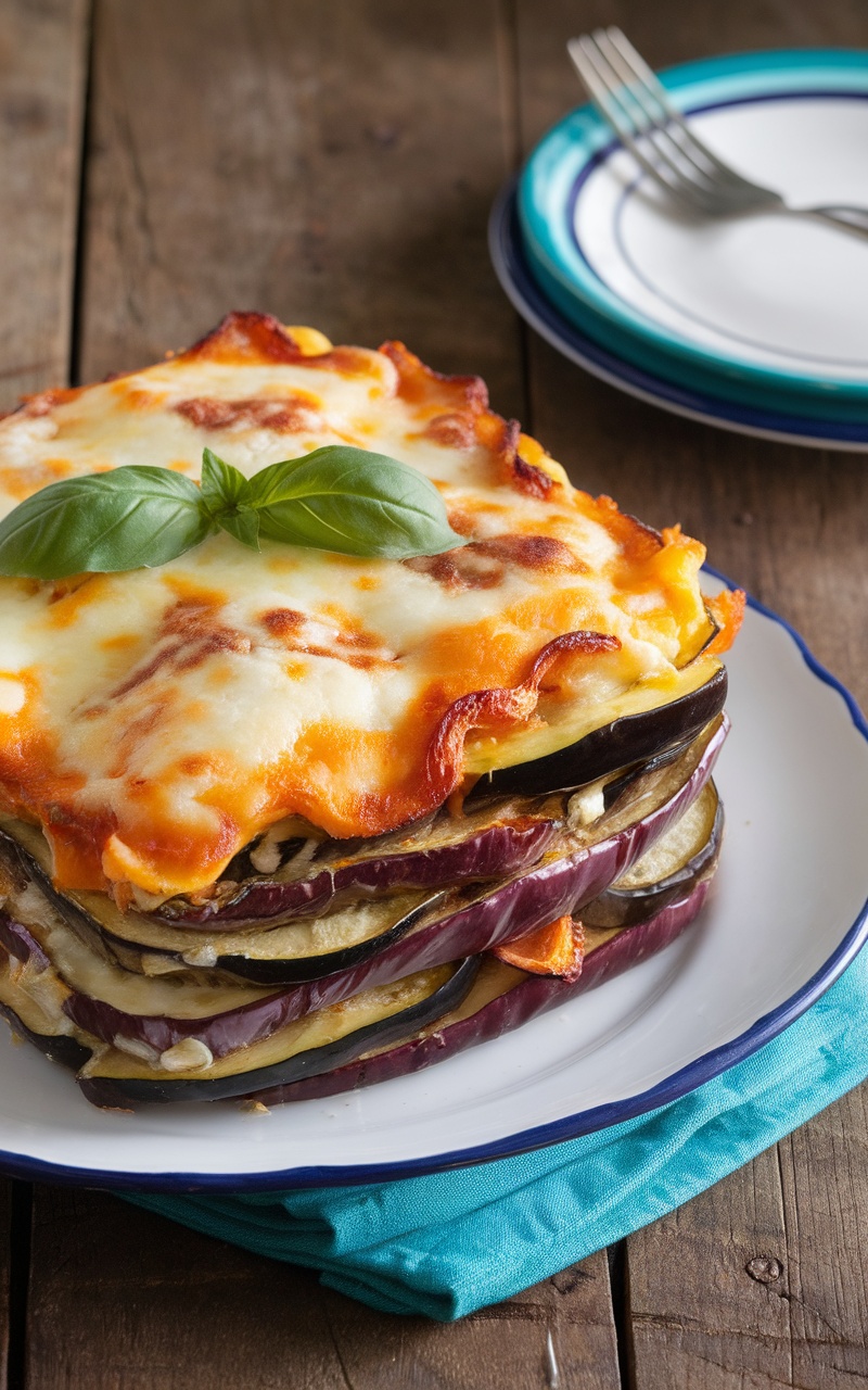 A keto-friendly roasted eggplant and zucchini casserole topped with melted cheese and fresh basil, served on a wooden table.