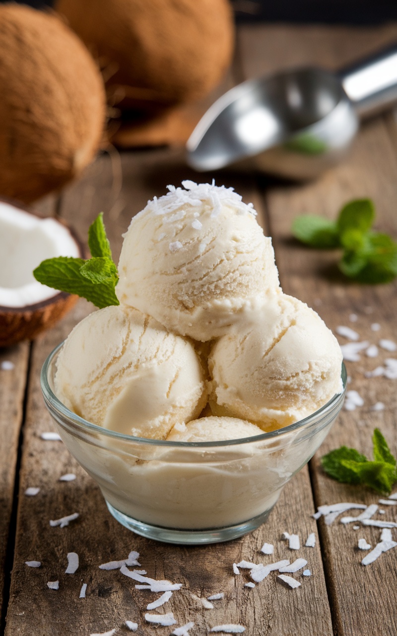 A bowl of creamy keto coconut ice cream with shredded coconut on top, garnished with mint leaves, on a rustic wooden table.