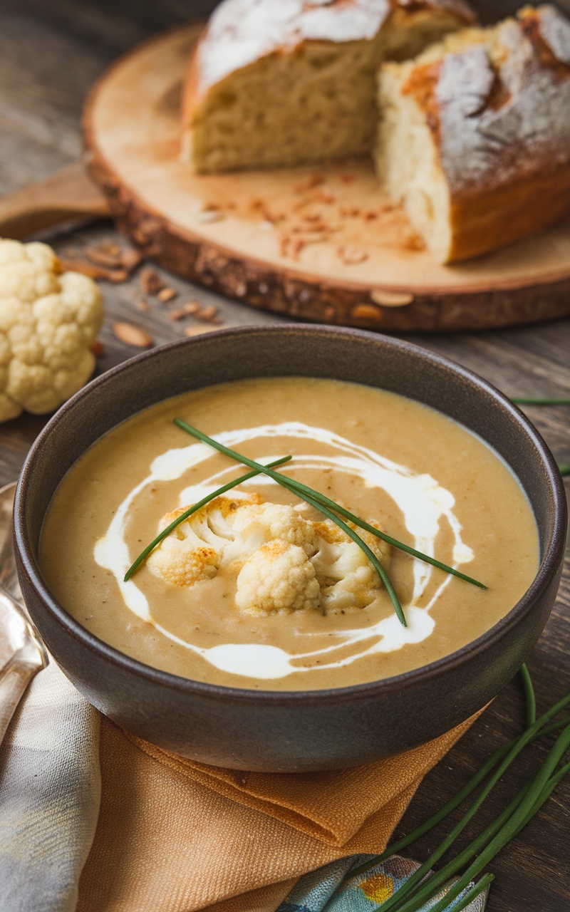 A bowl of creamy roasted cauliflower and almond soup garnished with chives, on a rustic wooden table with almond bread.