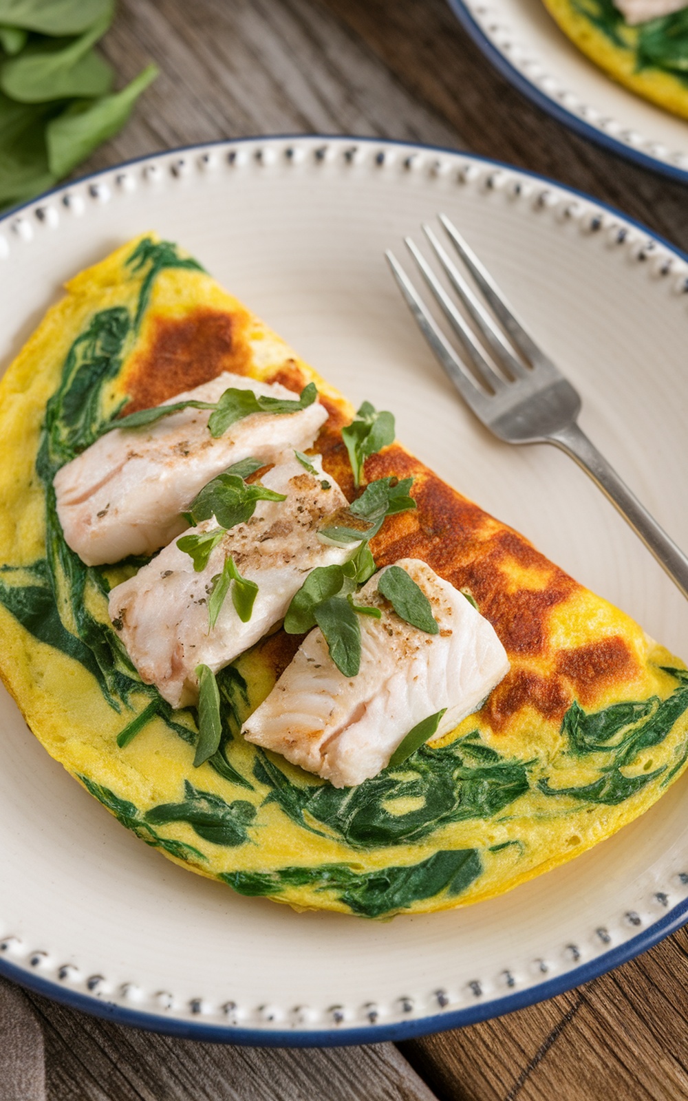 A golden-brown fish omelette with spinach, garnished with herbs, on a rustic wooden table.